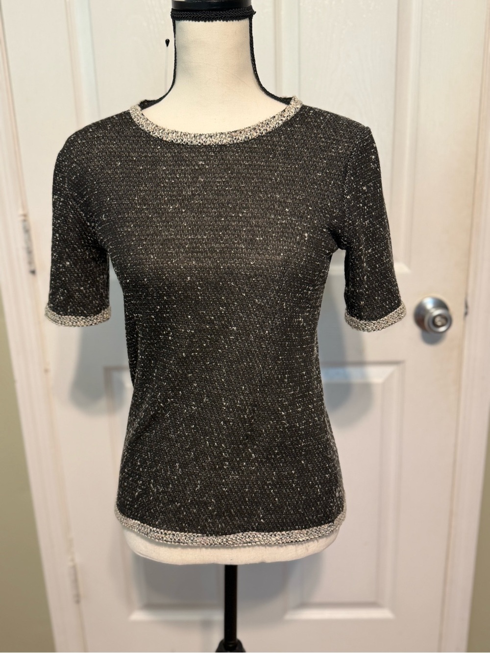 Grey Trim Black Tweed  Knit Short-Sleeve Top by CAbi